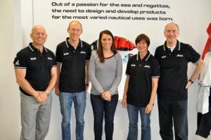 Emma Hendy (centre) with Yachting New Zealand reps, from left to right, Jez Fanstone, Tom Ashley, Lesley Egnot, and former CEO Des Brennan