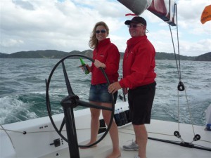 Father and daughter (Jim and Georgia Farmer) returning from Roberton Is. on day 2 of Bay of Islands Regatta